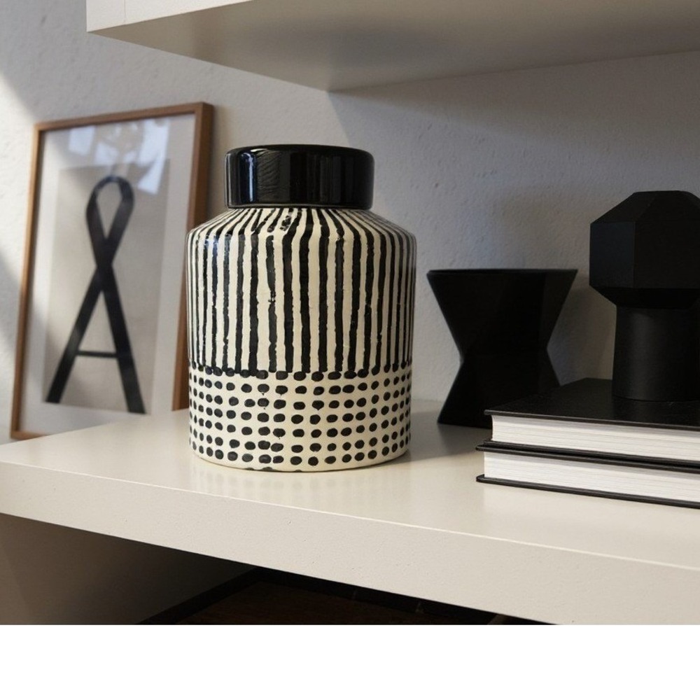 Zara Home Black and White Striped Polka Dot Ceramic Storage Jar with Lid